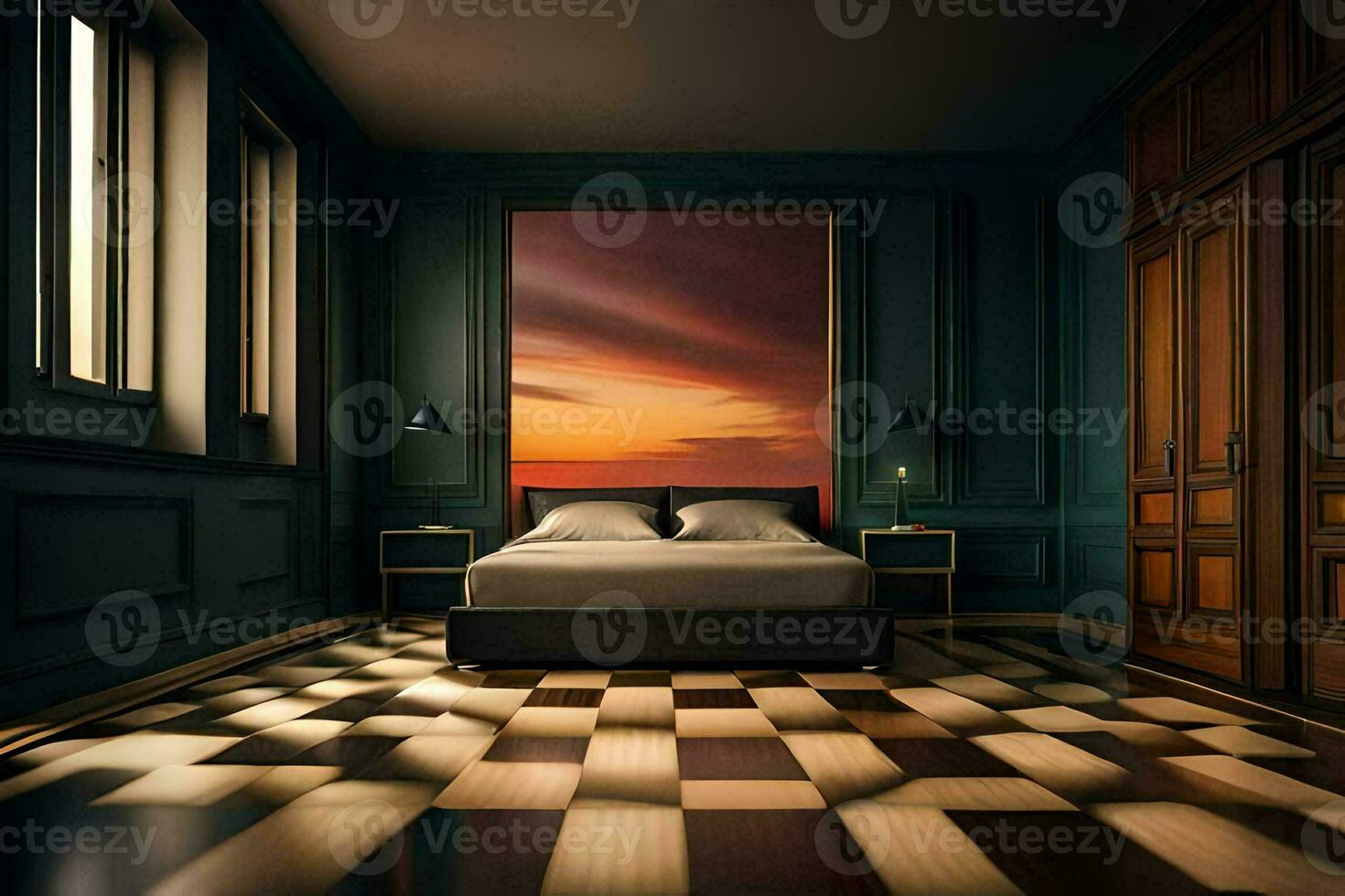 une chambre avec une à carreaux sol et une grand peinture. généré par ai photo