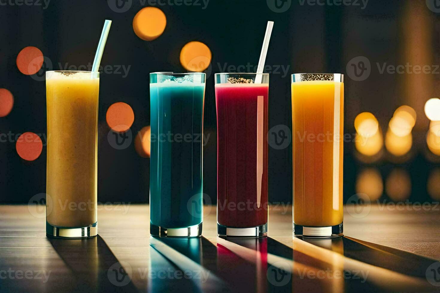 quatre différent coloré les boissons dans des lunettes sur une tableau. généré par ai photo