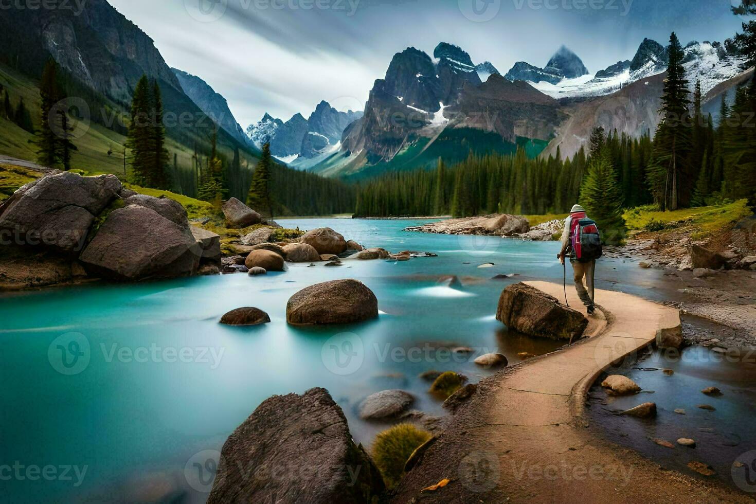 une homme des promenades le long de une chemin dans le montagnes. généré par ai photo