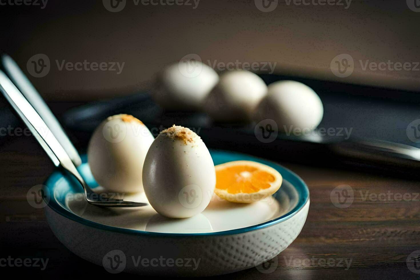 des œufs sur une assiette avec une couteau et cuillère. généré par ai photo