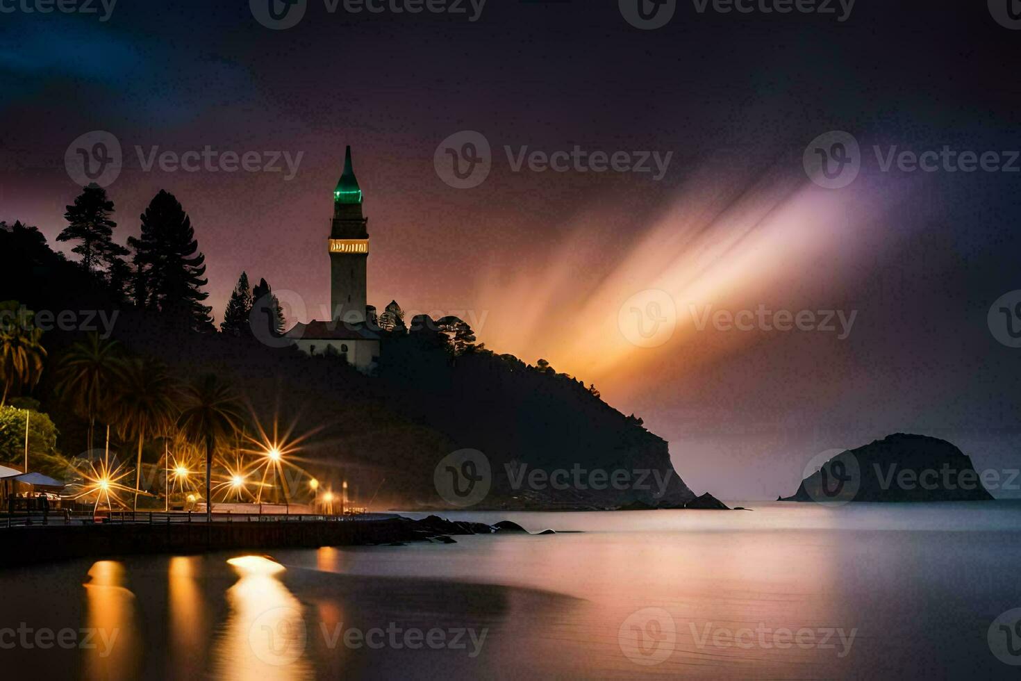 une phare des stands sur le rive de une corps de l'eau. généré par ai photo