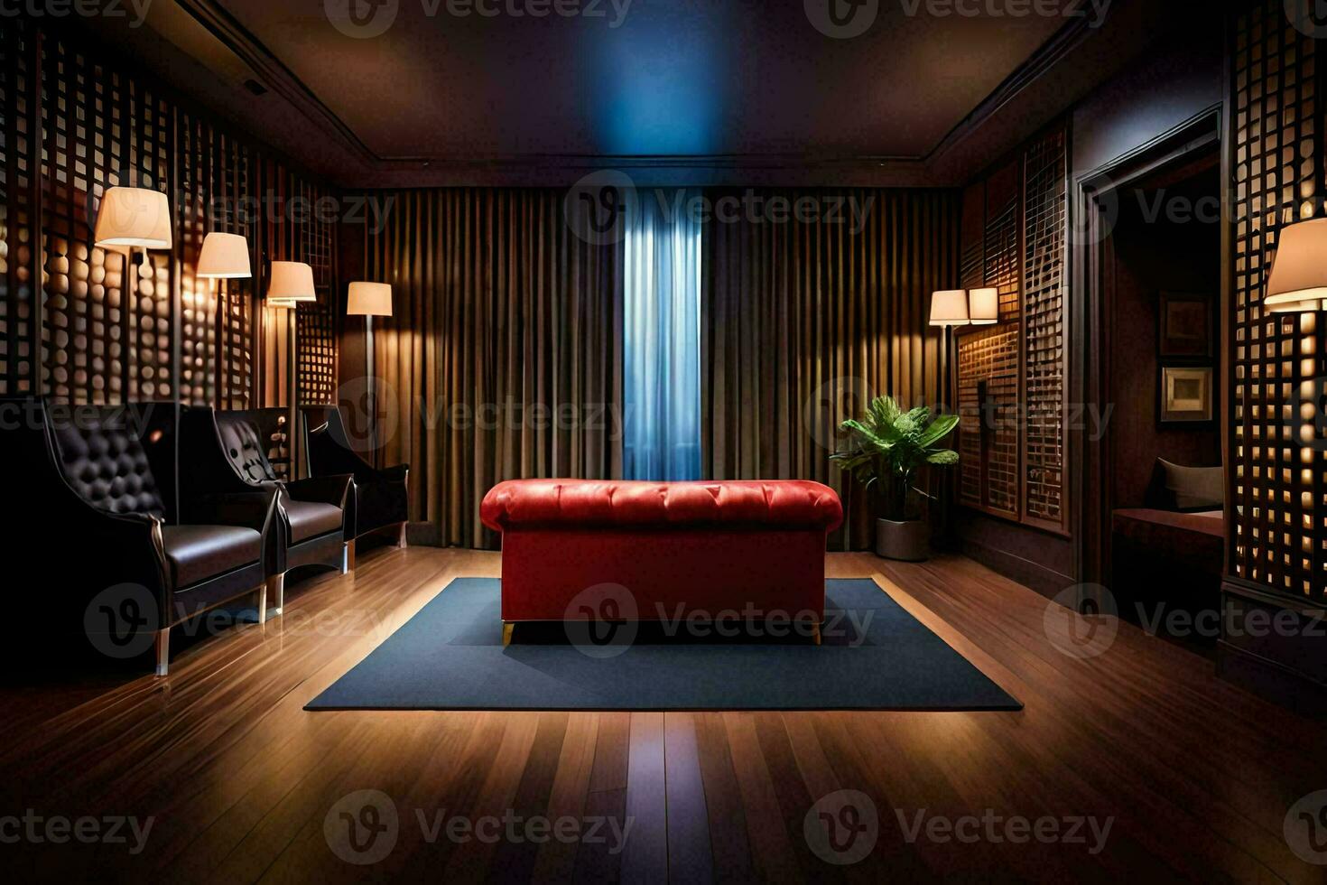 le pièce a une rouge cuir canapé et deux chaises. généré par ai photo