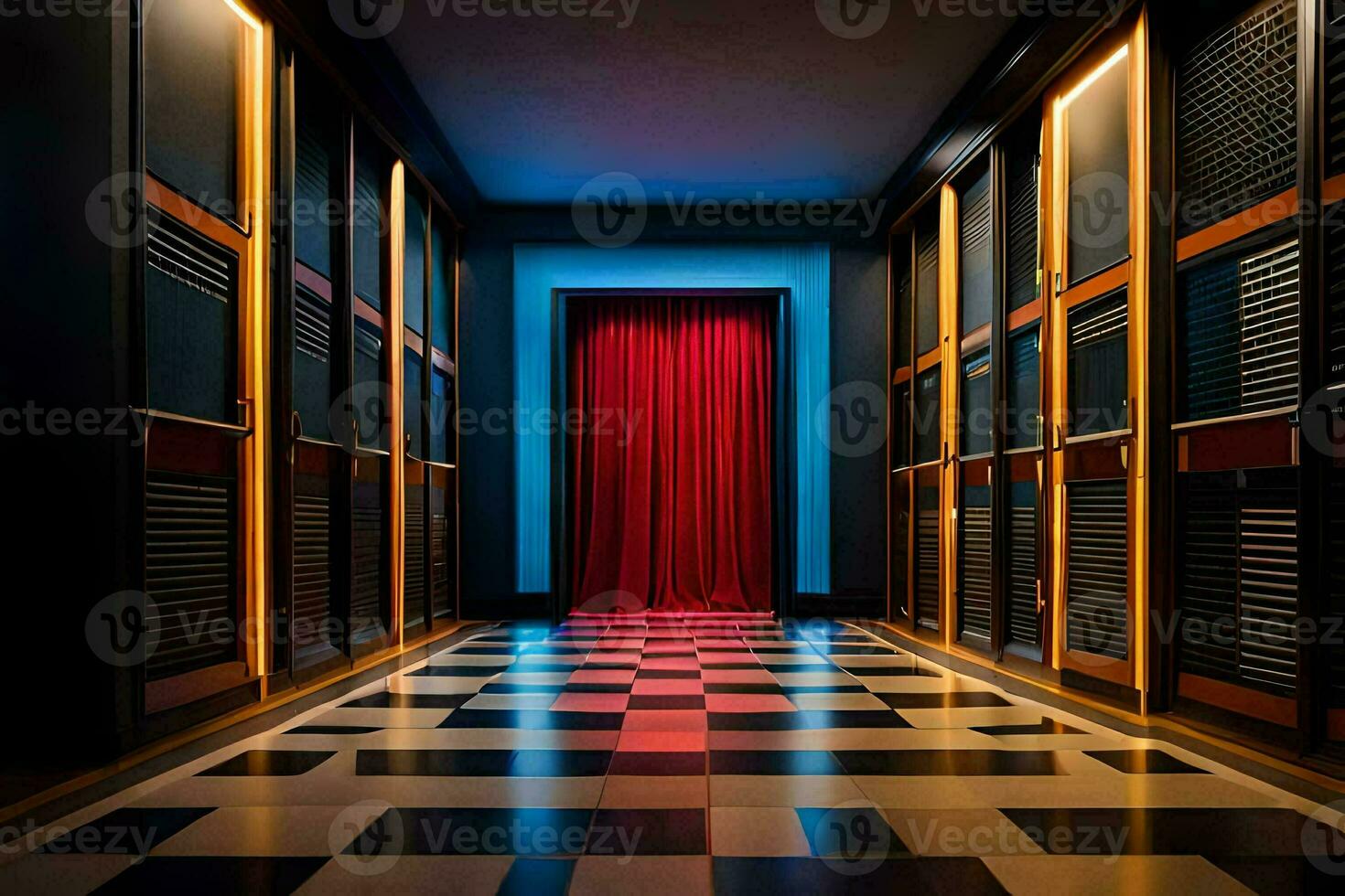 une couloir avec noir et blanc à carreaux sol et rouge rideaux. généré par ai photo