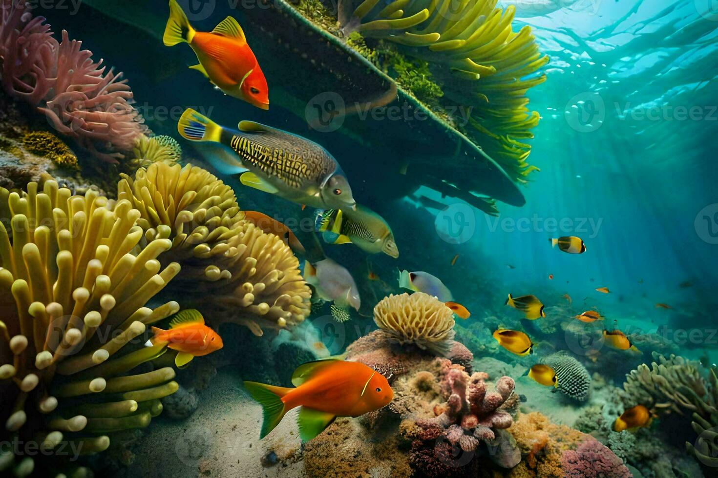 un sous-marin scène avec corail et poisson. généré par ai photo