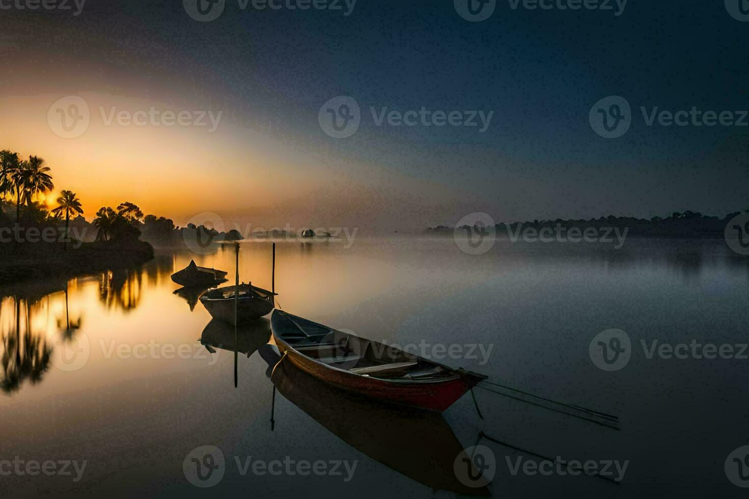 bateaux sur le rivière à lever du soleil. généré par ai photo