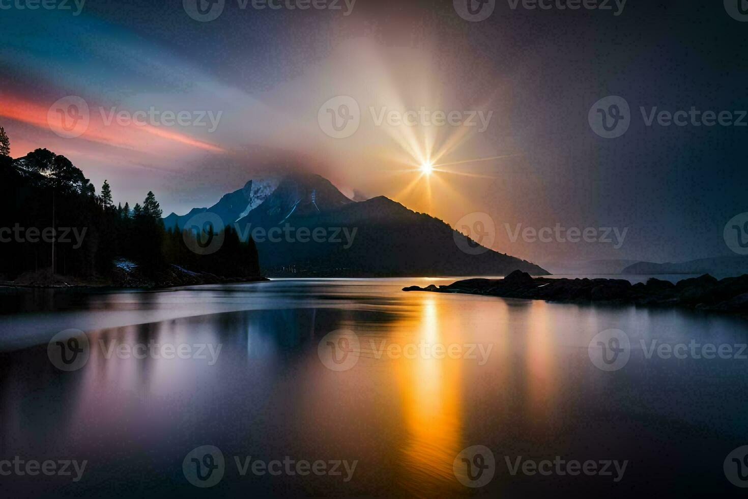 une Montagne et Lac sont réfléchi dans le l'eau à le coucher du soleil. généré par ai photo