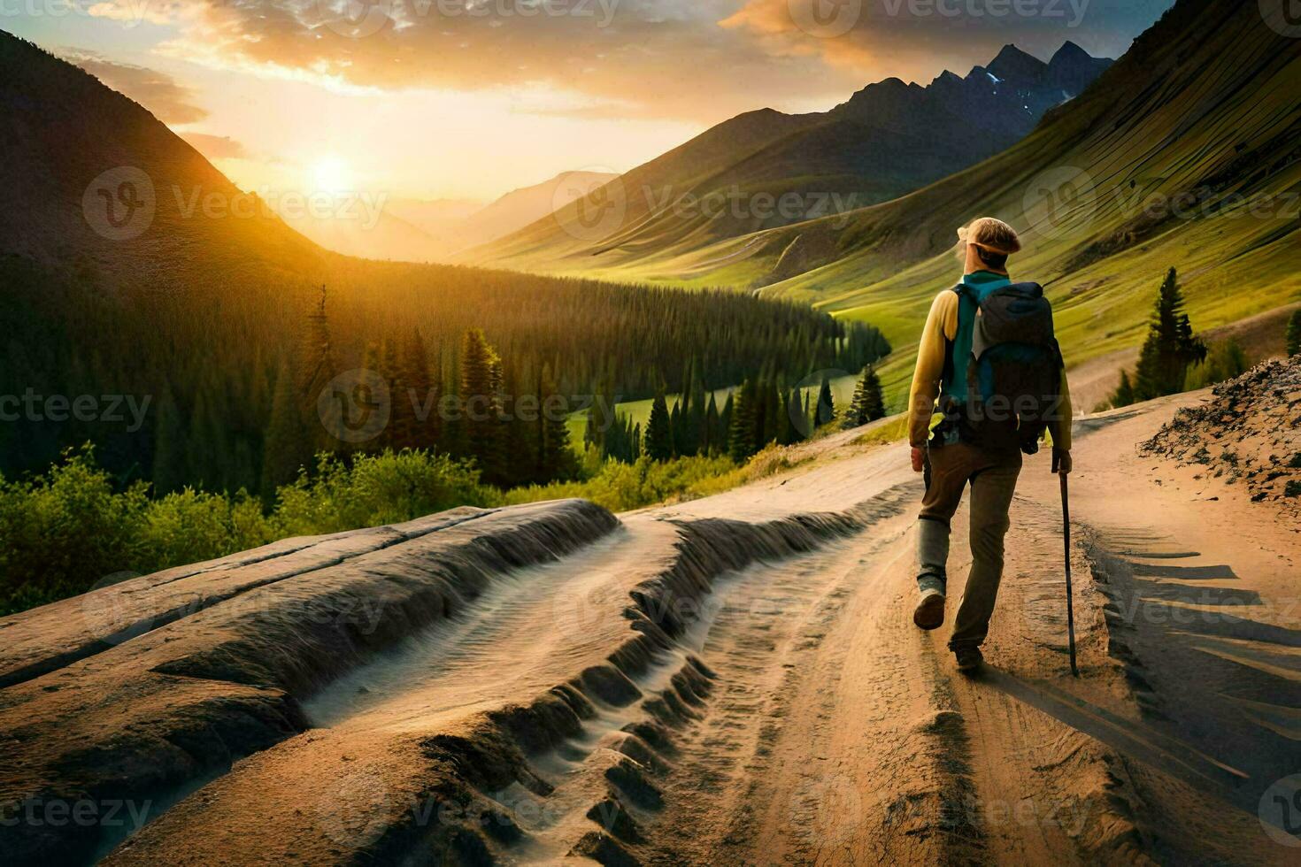 une homme avec une sac à dos en marchant sur une saleté route dans le montagnes. généré par ai photo