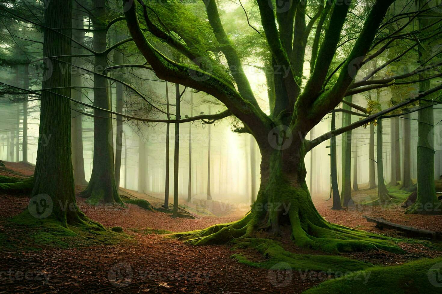 une arbre dans le milieu de une forêt avec vert mousse. généré par ai photo