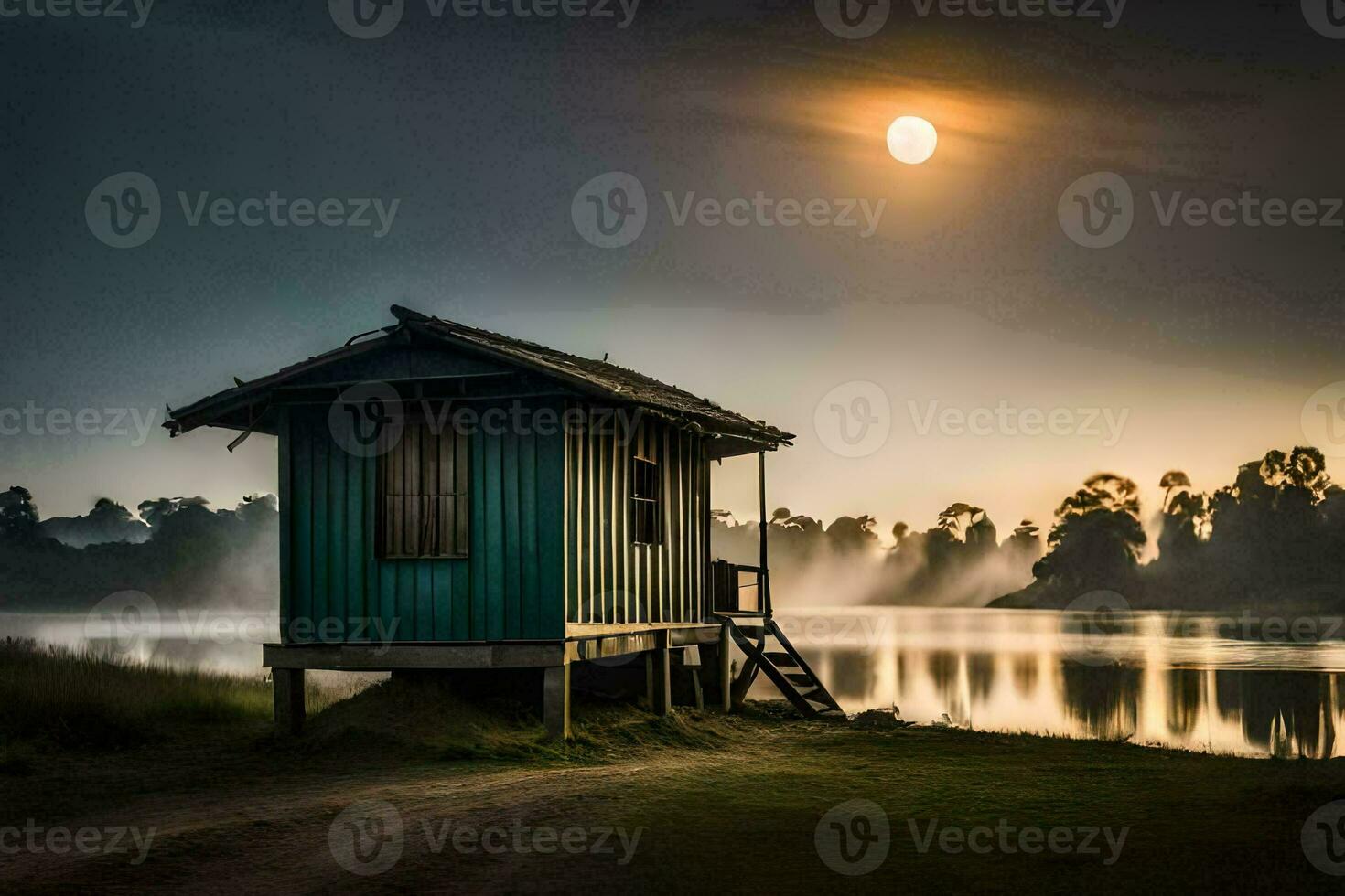 une petit cabane est assis sur le rive de une Lac à lever du soleil. généré par ai photo