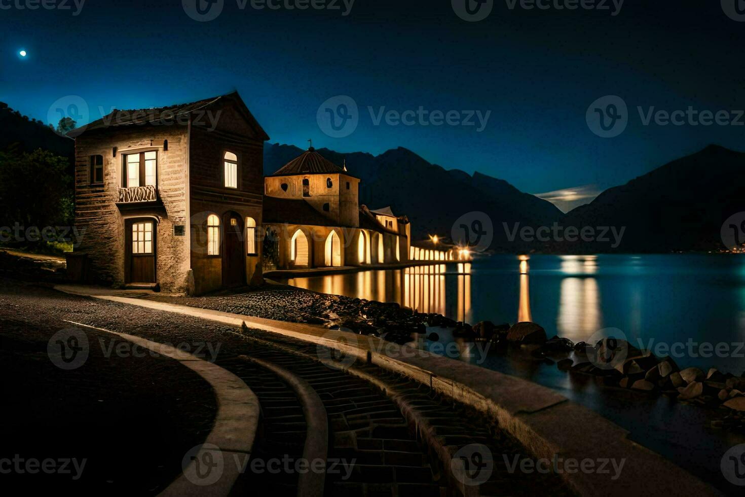 une maison sur le rive de une Lac à nuit. généré par ai photo
