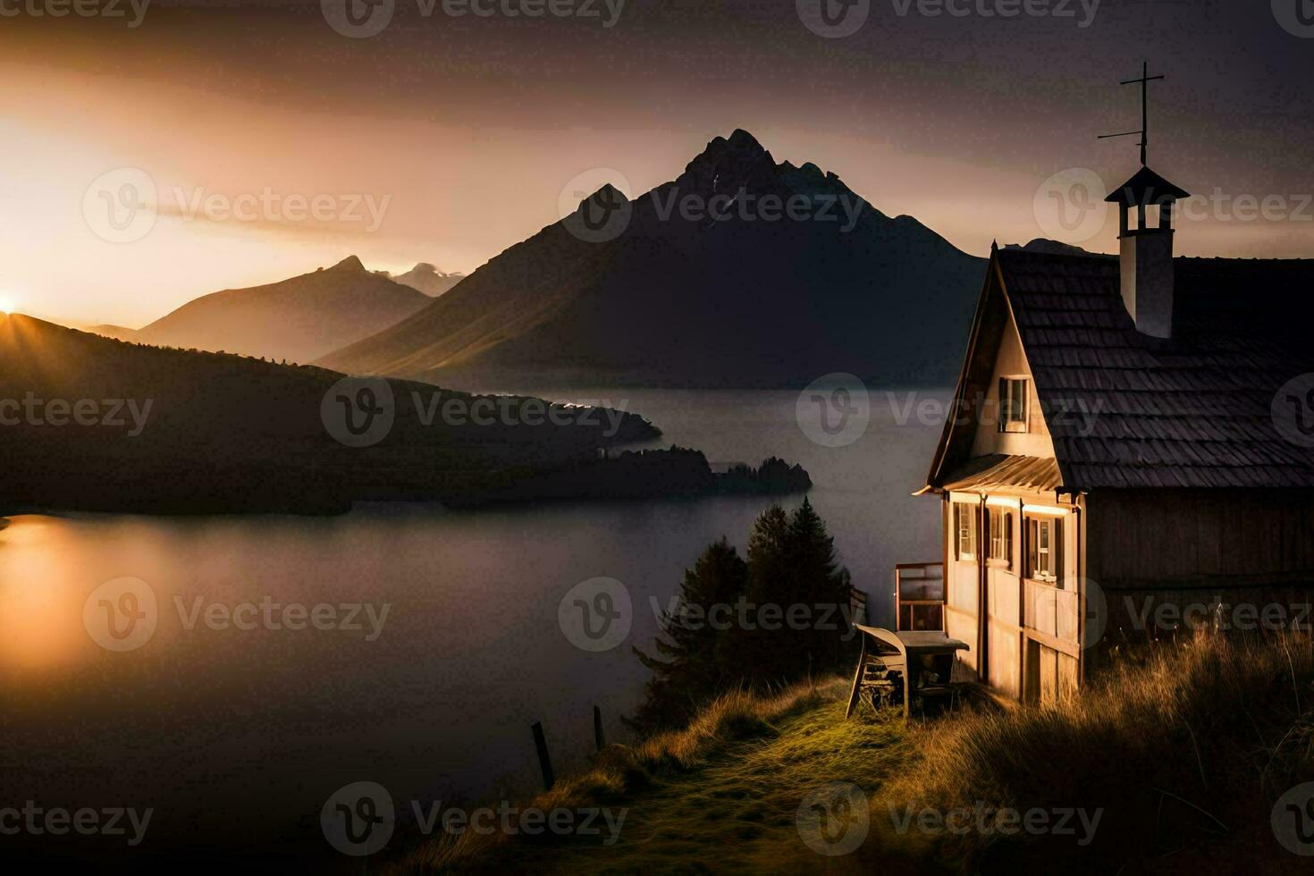une maison est assis sur le bord de une Lac avec montagnes dans le Contexte. généré par ai photo