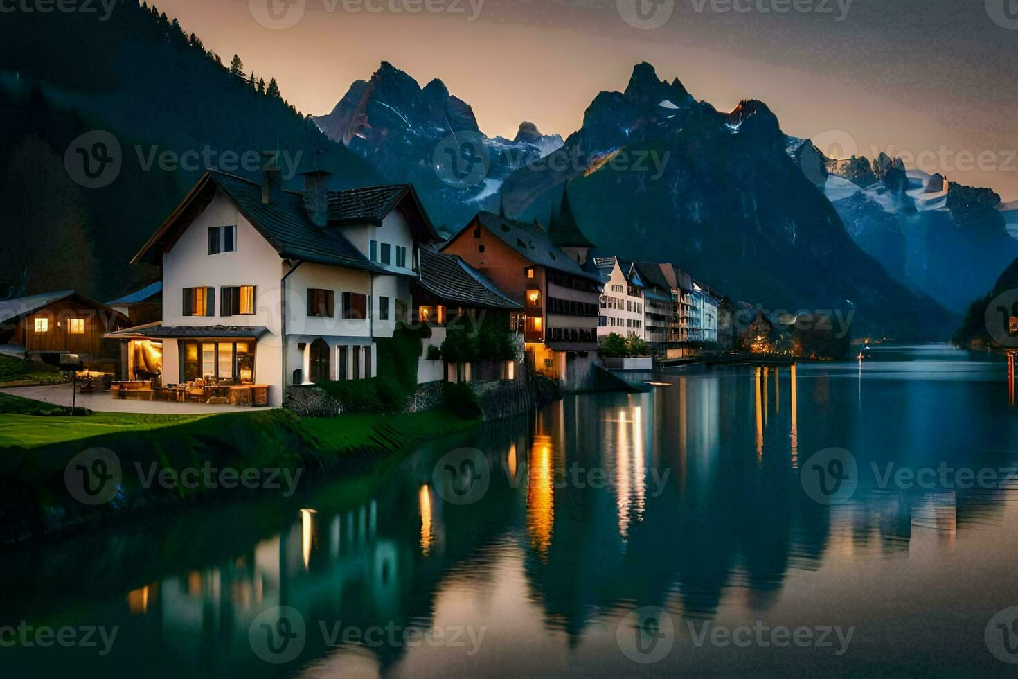 une rivière et Maisons dans le montagnes à crépuscule. généré par ai photo