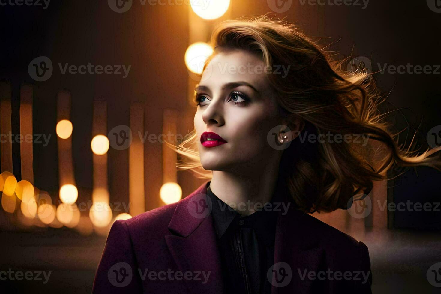 une femme avec rouge rouge à lèvres et une noir costume. généré par ai photo