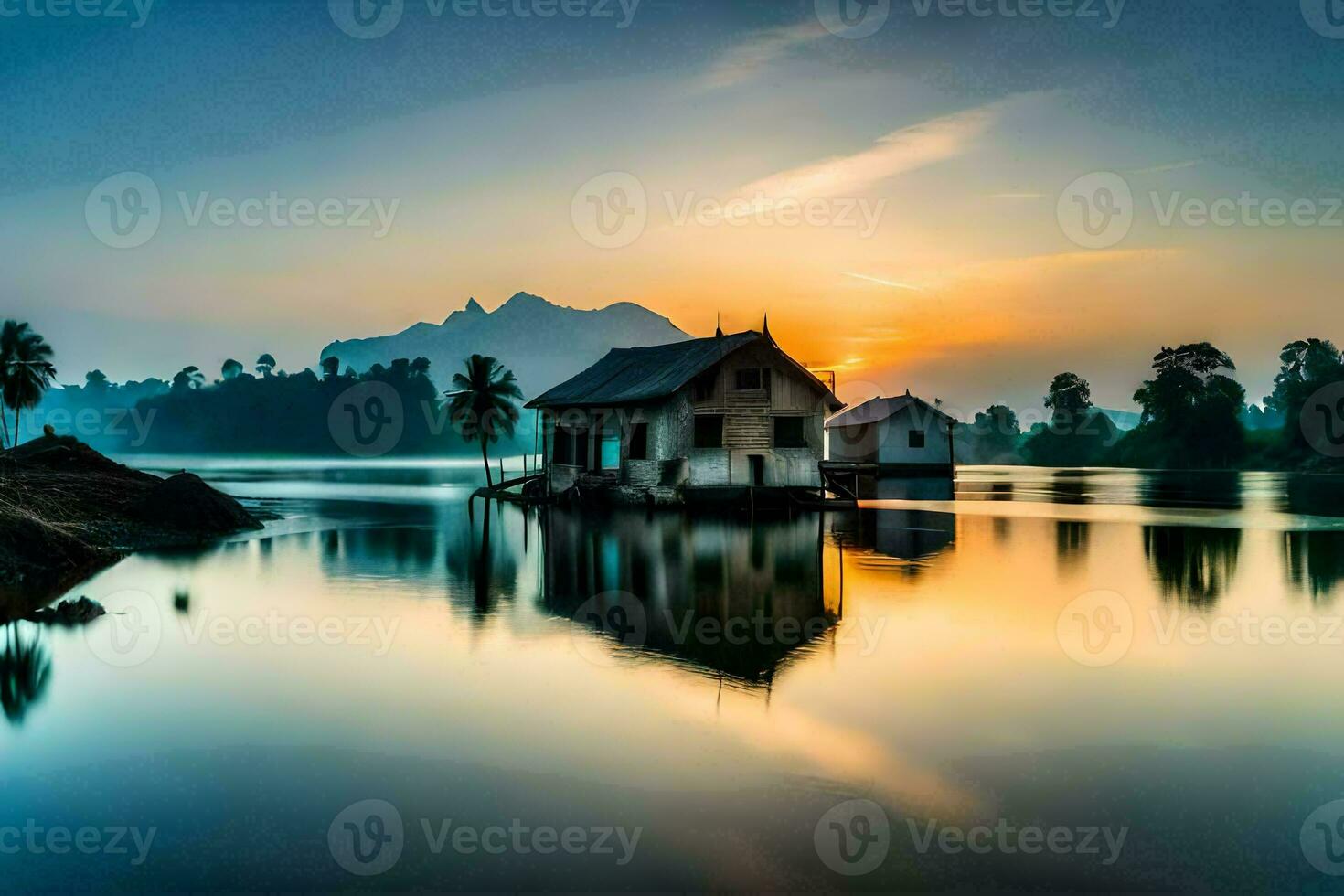 une maison sur le l'eau à le coucher du soleil. généré par ai photo