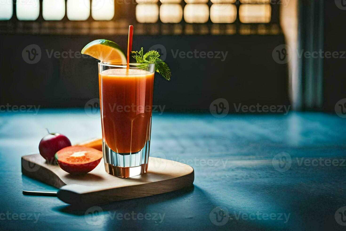 une verre de Orange jus avec une tranche de Pomme. généré par ai photo