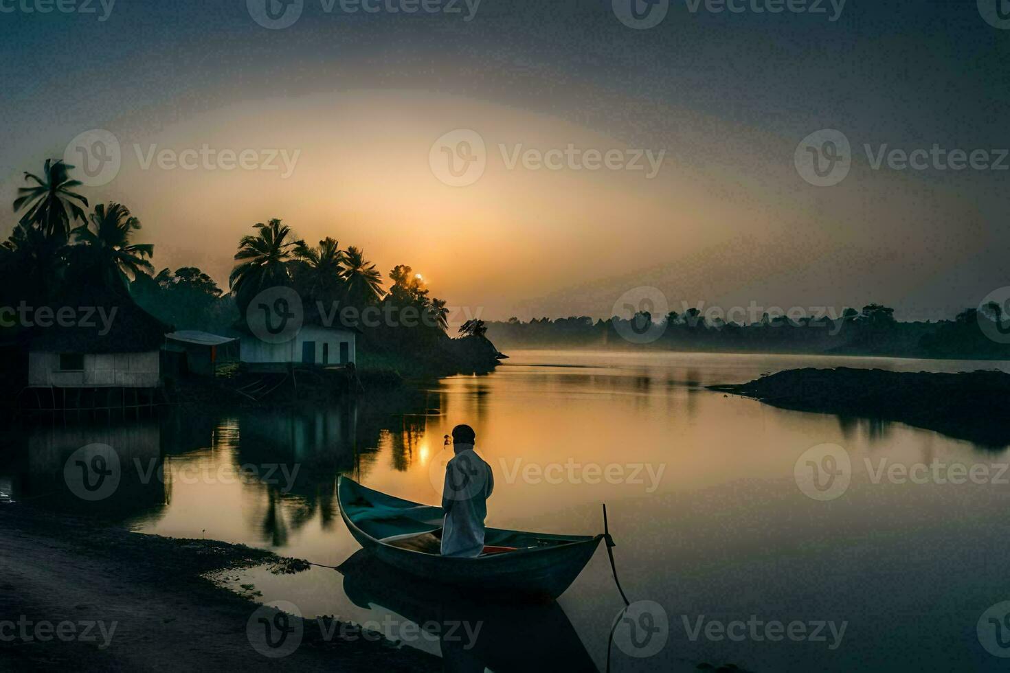 une homme dans une bateau à le coucher du soleil sur le rivière. généré par ai photo
