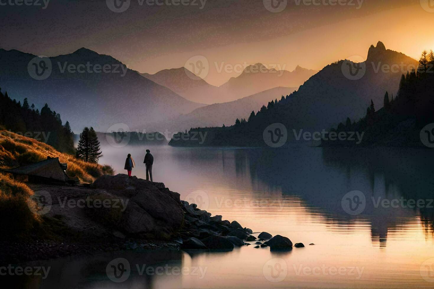 photo fond d'écran le ciel, montagnes, lac, couple, coucher de soleil, le montagnes, le lac,. généré par ai