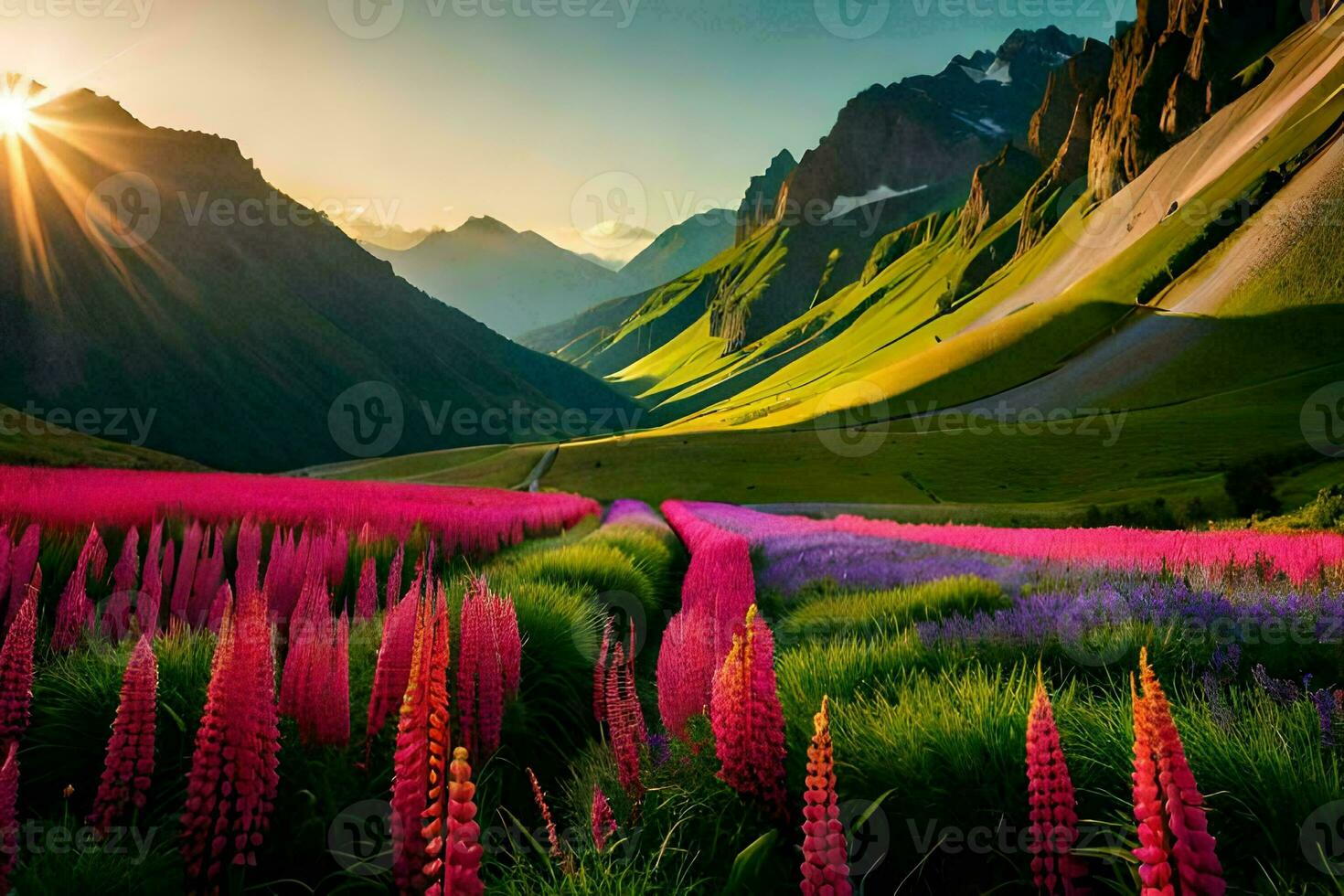 le Soleil brille sur le montagnes et le fleurs dans le champ. généré par ai photo