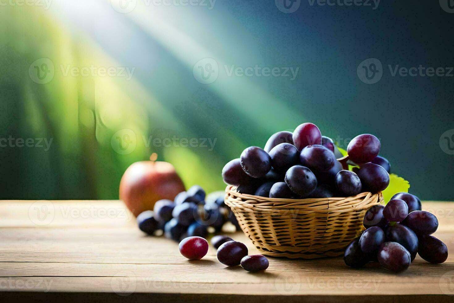 les raisins dans panier sur en bois table avec lumière du soleil. généré par ai photo