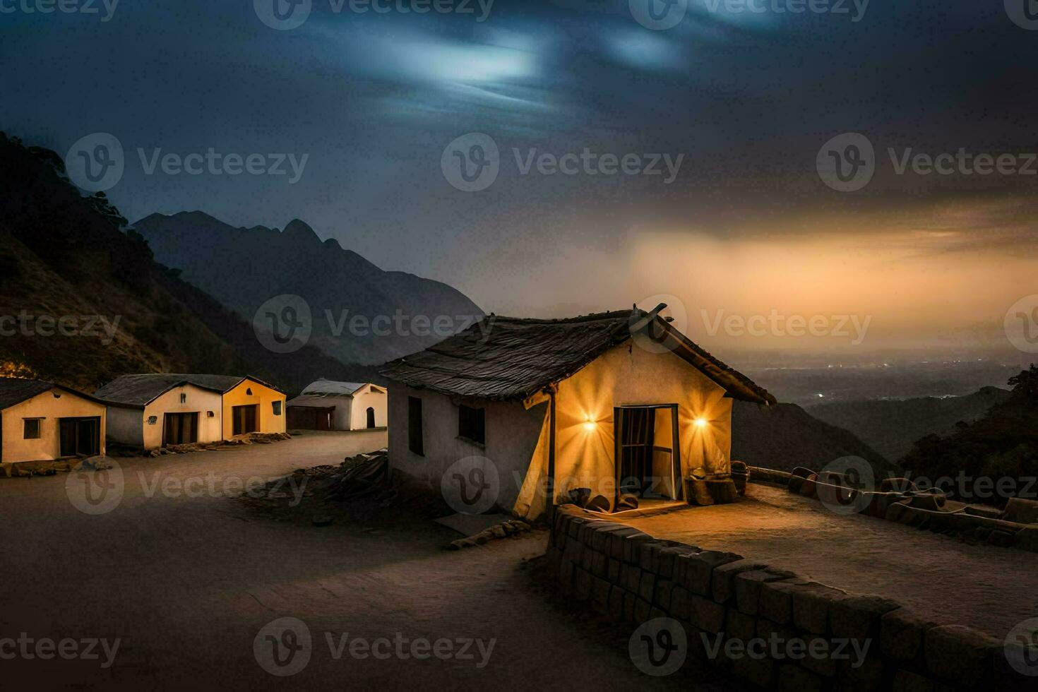 une petit cabane dans le montagnes à nuit. généré par ai photo