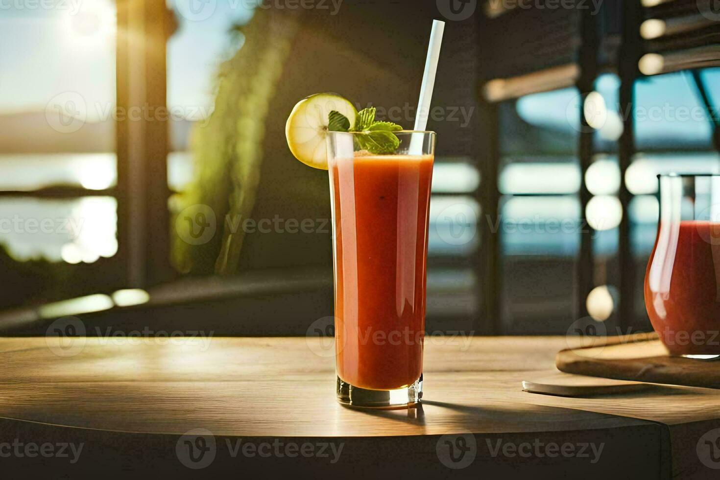 une verre de jus avec une tranche de citron sur Haut. généré par ai photo