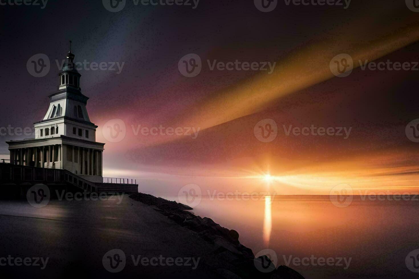 une phare des stands dans le milieu de une Lac à le coucher du soleil. généré par ai photo