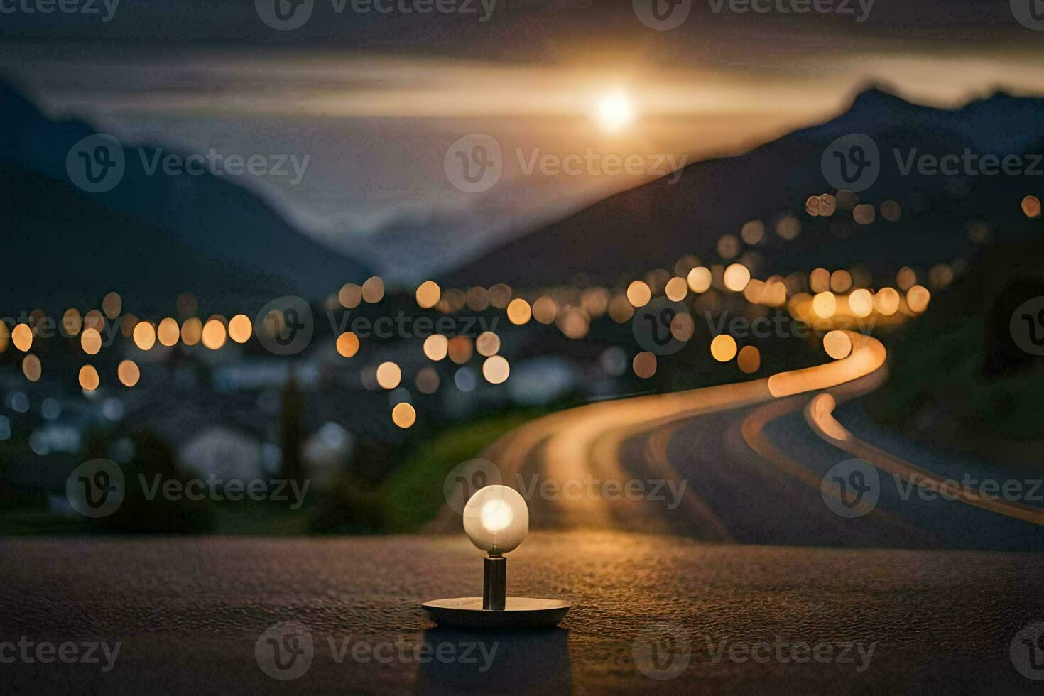 une lumière est brillant sur une route à le coucher du soleil. généré par ai photo