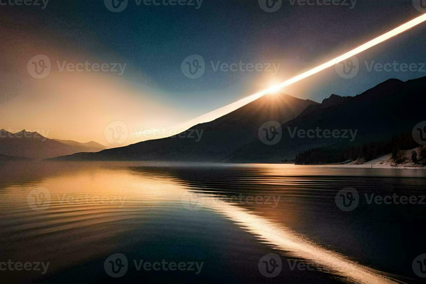 une longue ligne de lumière est réfléchi dans le l'eau. généré par ai photo