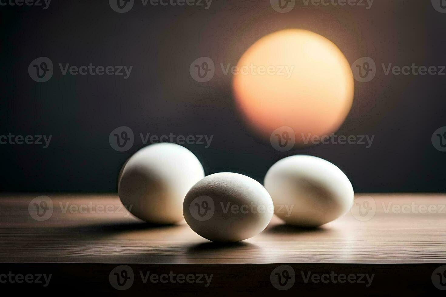 Trois des œufs sur une table avec une brillant lumière derrière eux. généré par ai photo