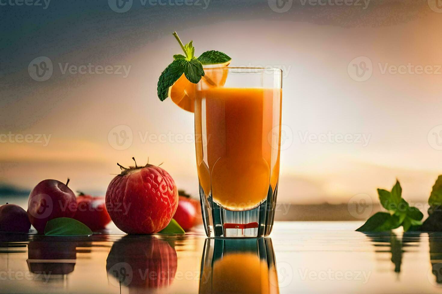 une verre de Orange jus avec des fraises et une tranche de orange. généré par ai photo