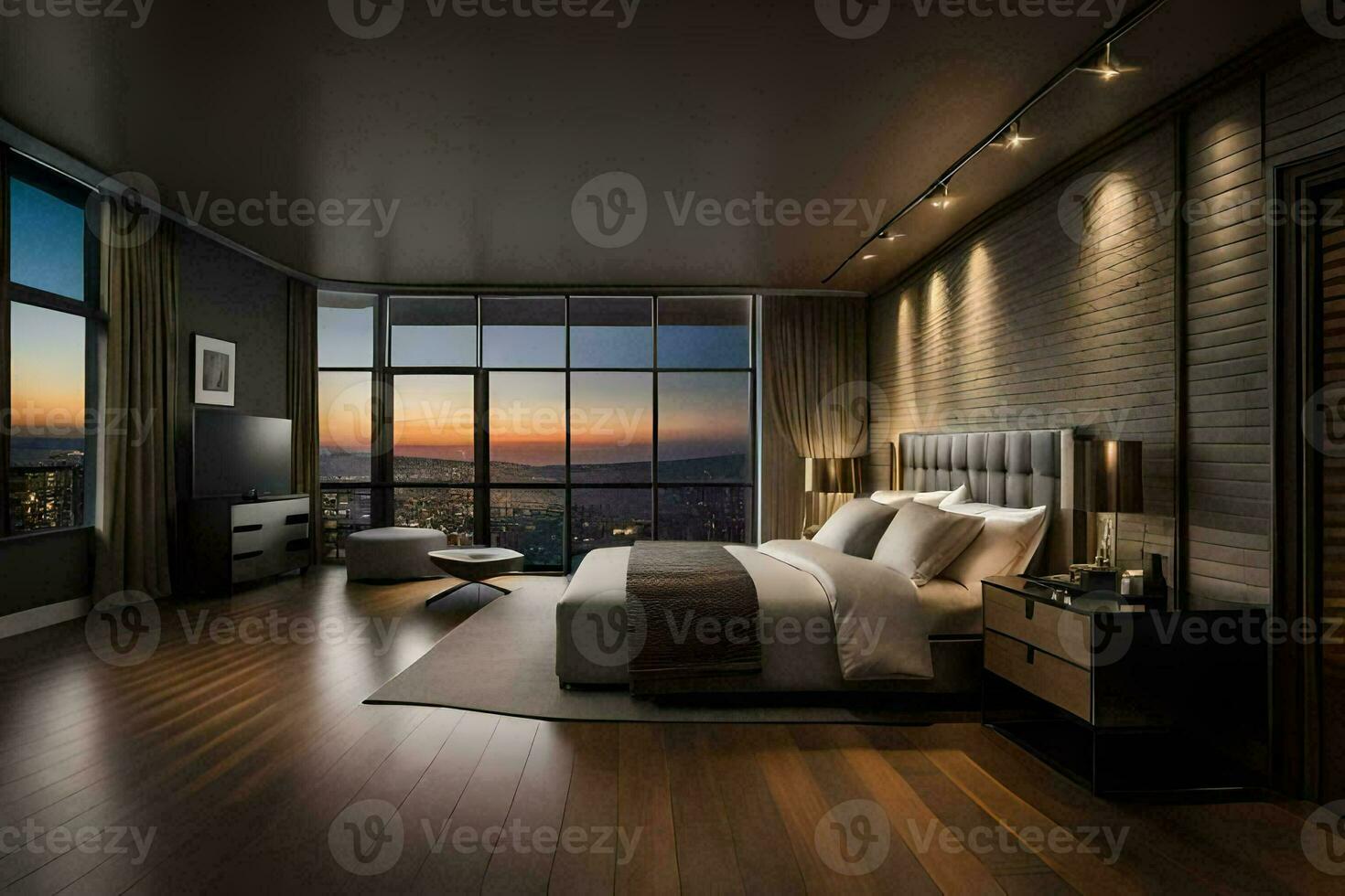 une moderne chambre avec une vue de le ville. généré par ai photo