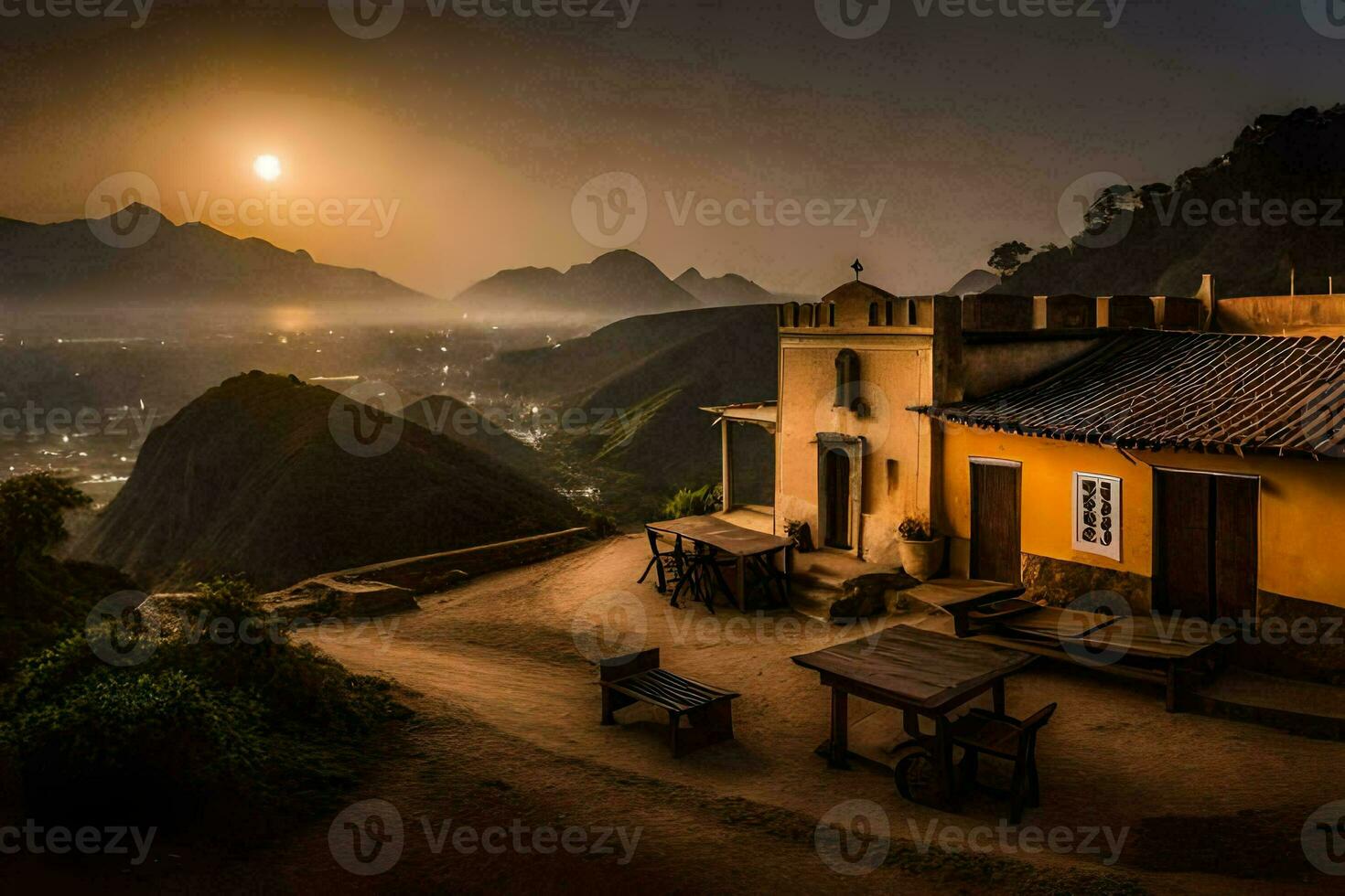 une maison dans le montagnes à le coucher du soleil. généré par ai photo