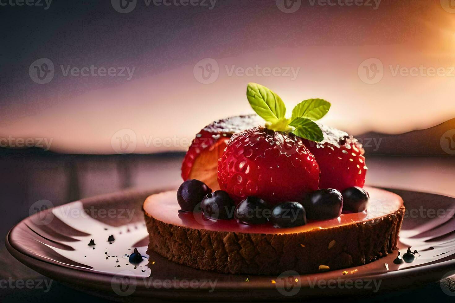 une dessert avec des fraises et myrtilles sur une plaque. généré par ai photo