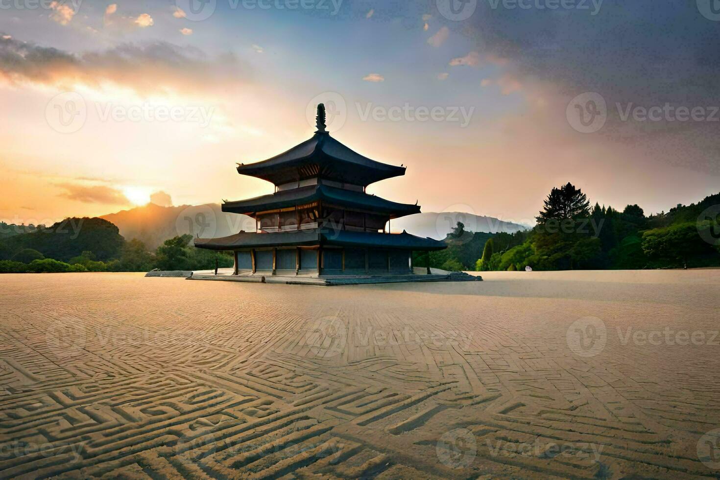 une pagode est assis dans le milieu de une champ. généré par ai photo