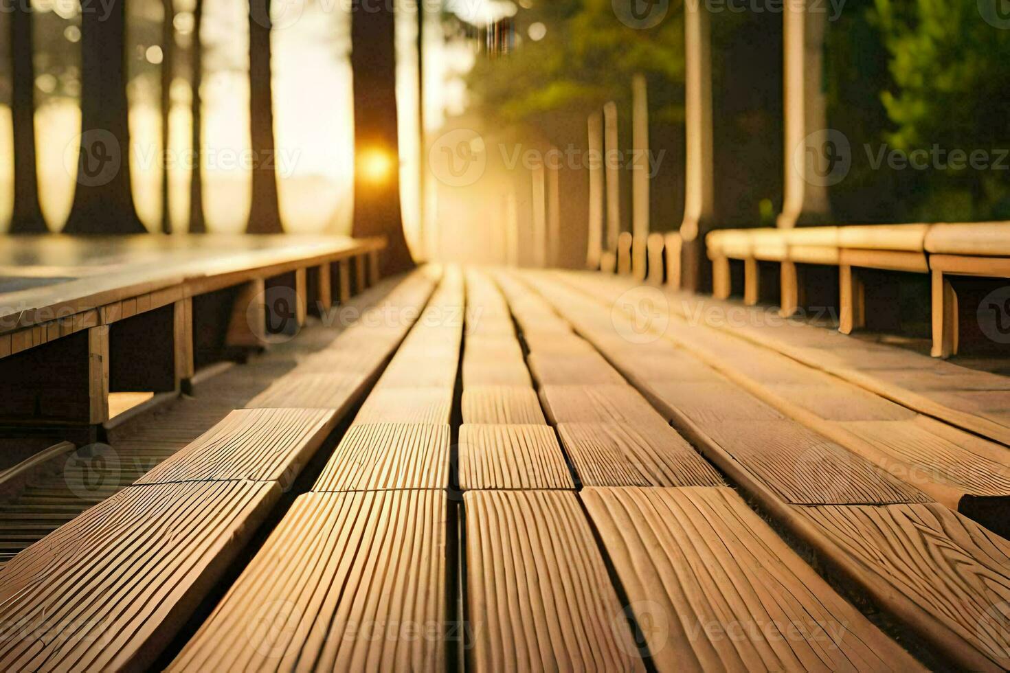 en bois passerelle dans le forêt à le coucher du soleil. généré par ai photo