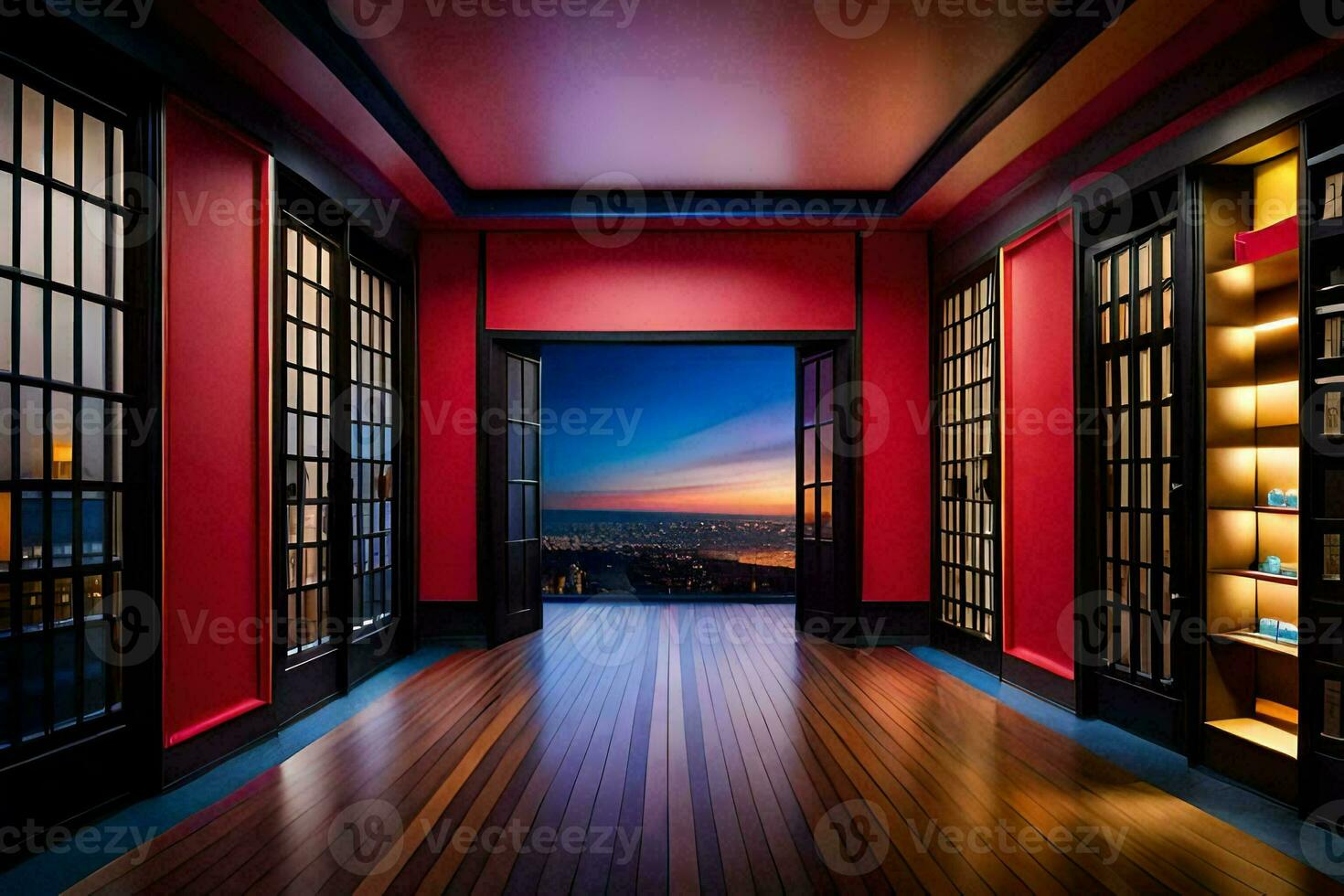 une couloir avec rouge des murs et en bois étages. généré par ai photo