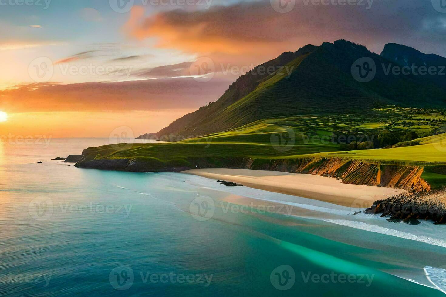 le Soleil ensembles plus de une plage et montagnes. généré par ai photo