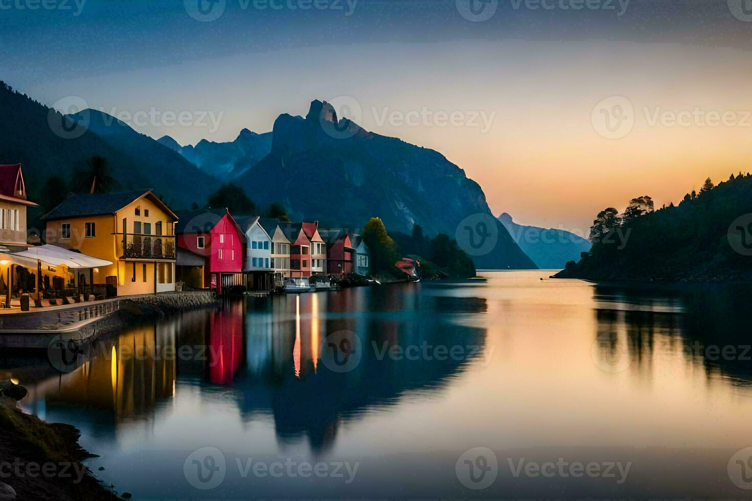 le Maisons sont allumé en haut à le coucher du soleil dans le montagnes. généré par ai photo