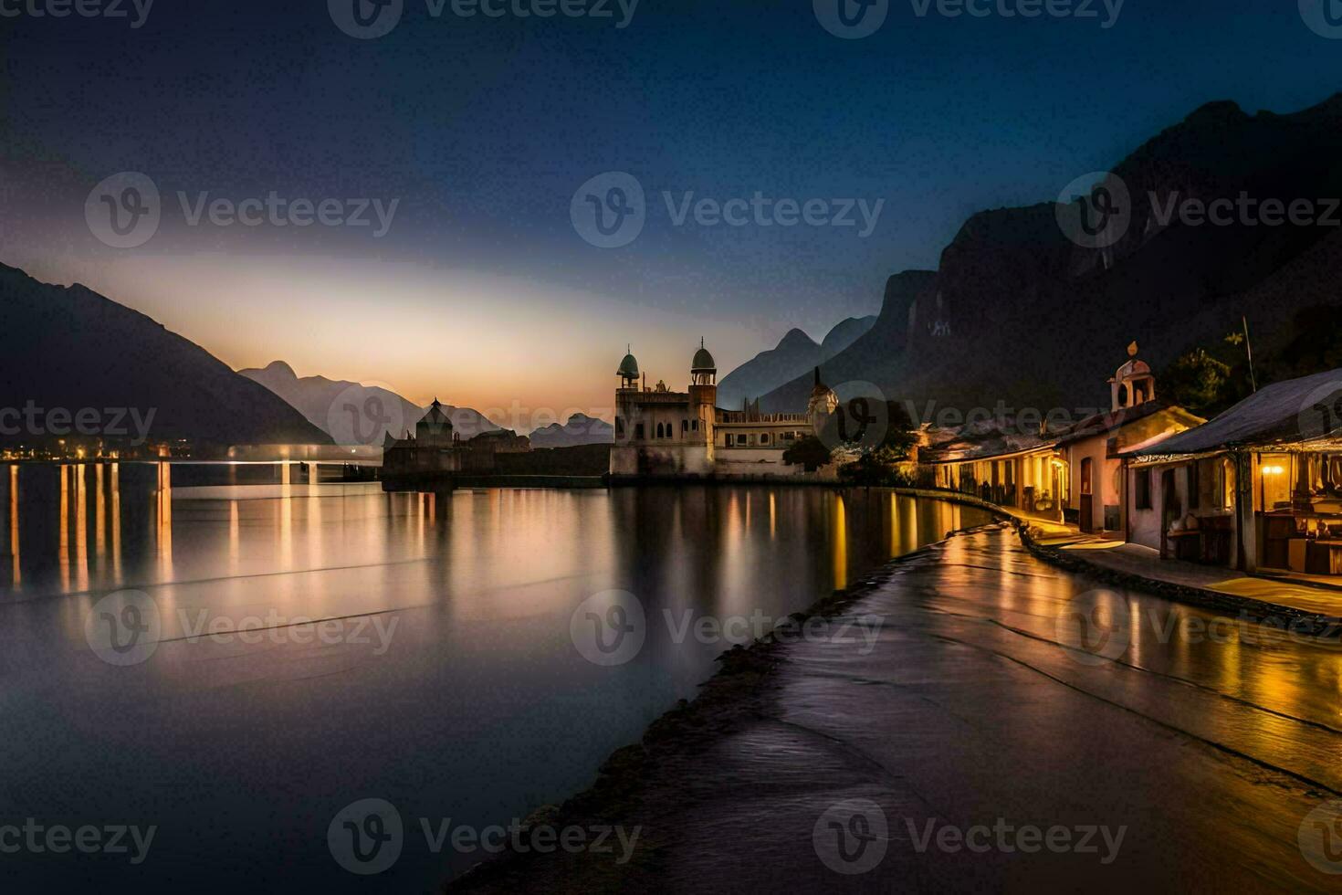 une église et une Lac à nuit. généré par ai photo