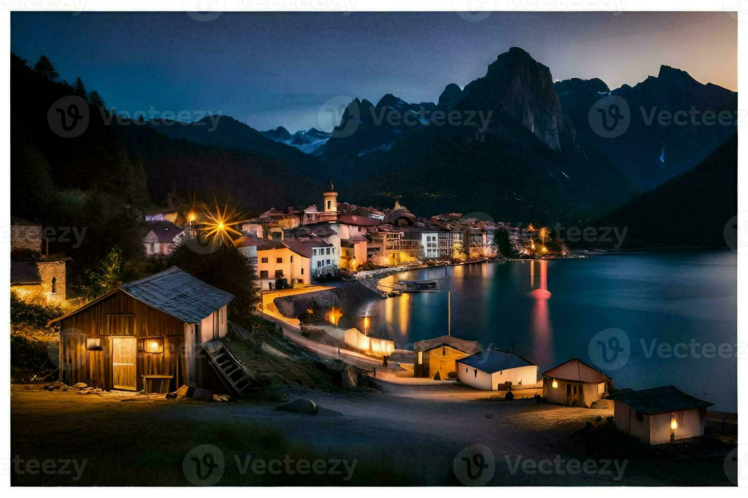 une petit village par le l'eau à nuit. généré par ai photo