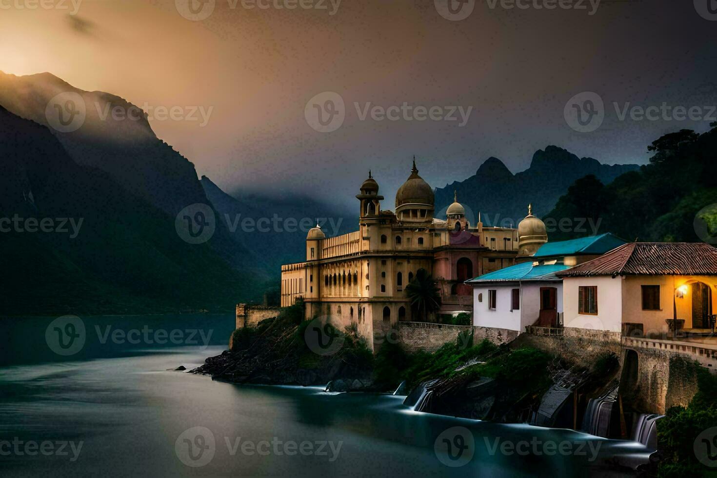 une magnifique bâtiment est assis sur le bord de une lac. généré par ai photo