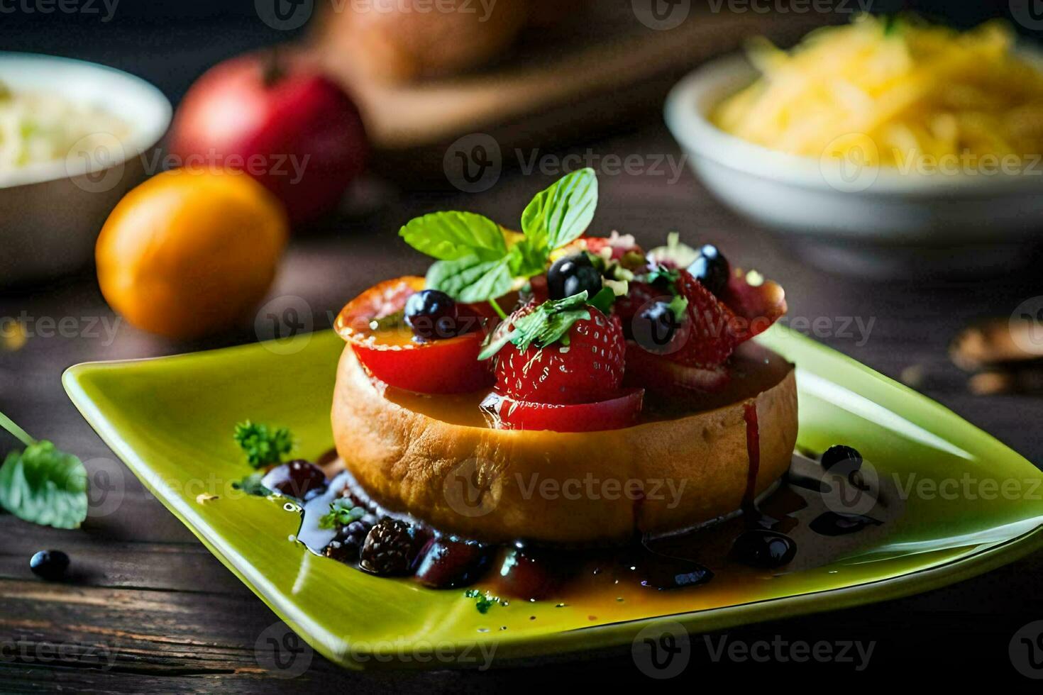une assiette avec une dessert surmonté avec fruit et fromage. généré par ai photo