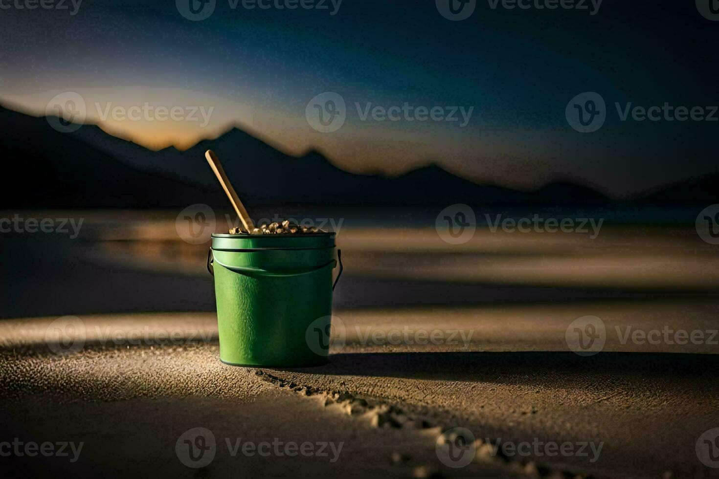 une seau de le sable sur le plage à le coucher du soleil. généré par ai photo