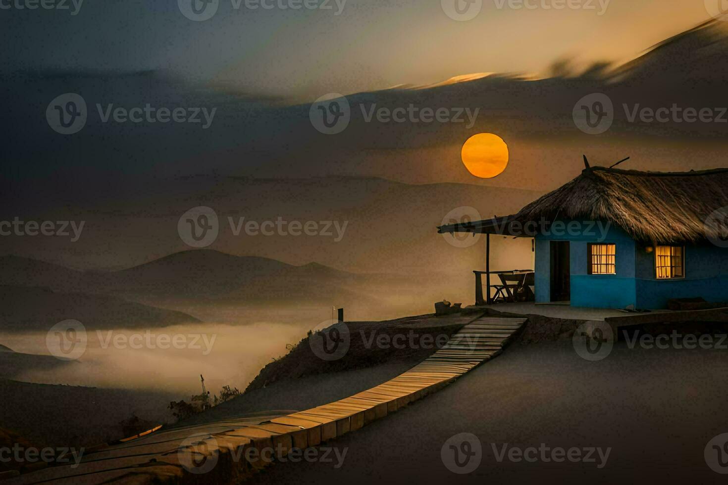 une bleu cabane est assis sur Haut de une Montagne avec une le coucher du soleil. généré par ai photo