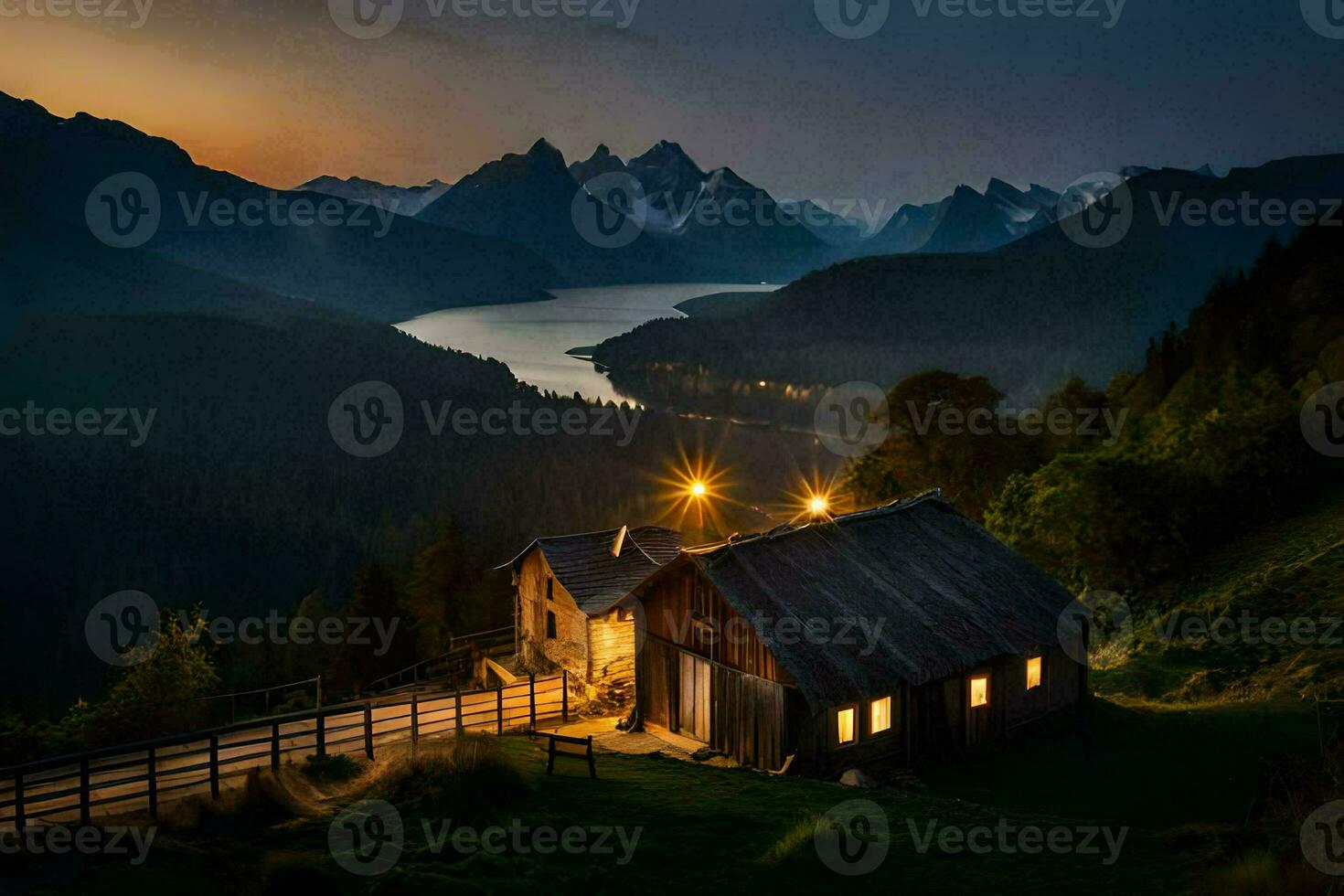 une cabine dans le montagnes à crépuscule. généré par ai photo