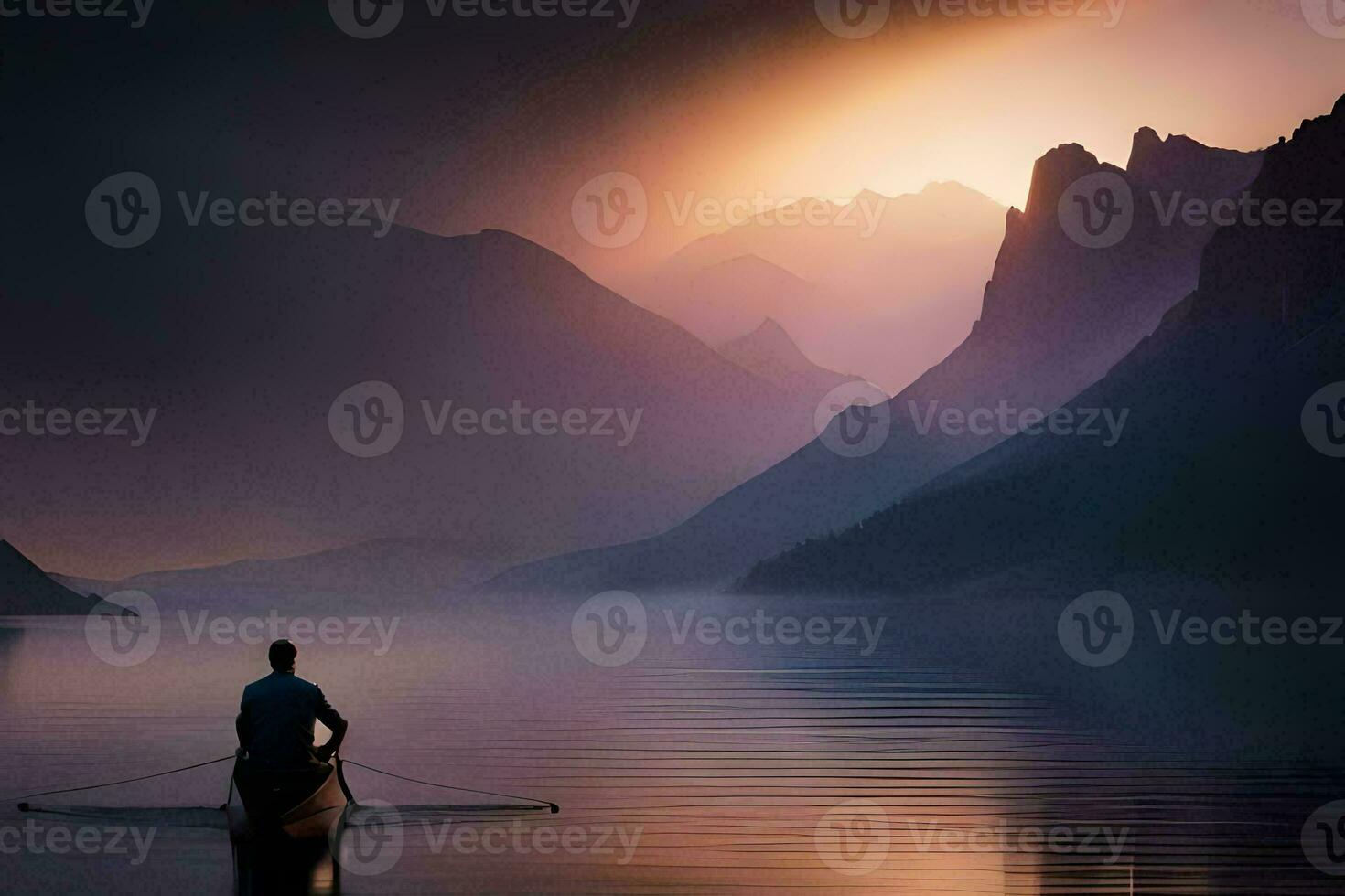 une homme dans une canoë sur une Lac à le coucher du soleil. généré par ai photo