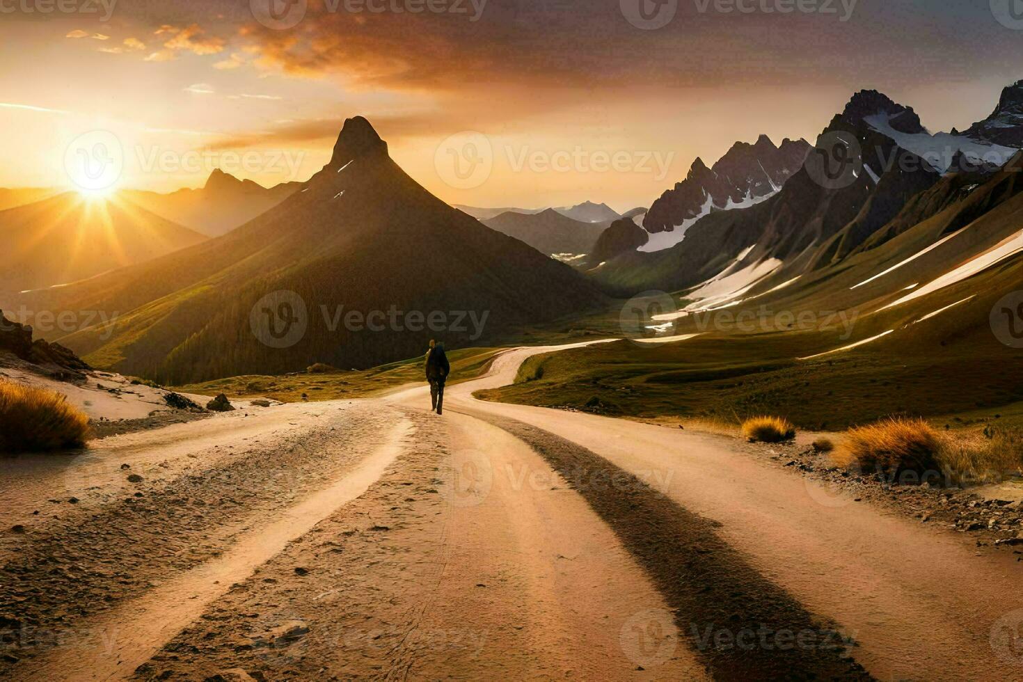 une homme des promenades vers le bas une route dans le montagnes. généré par ai photo