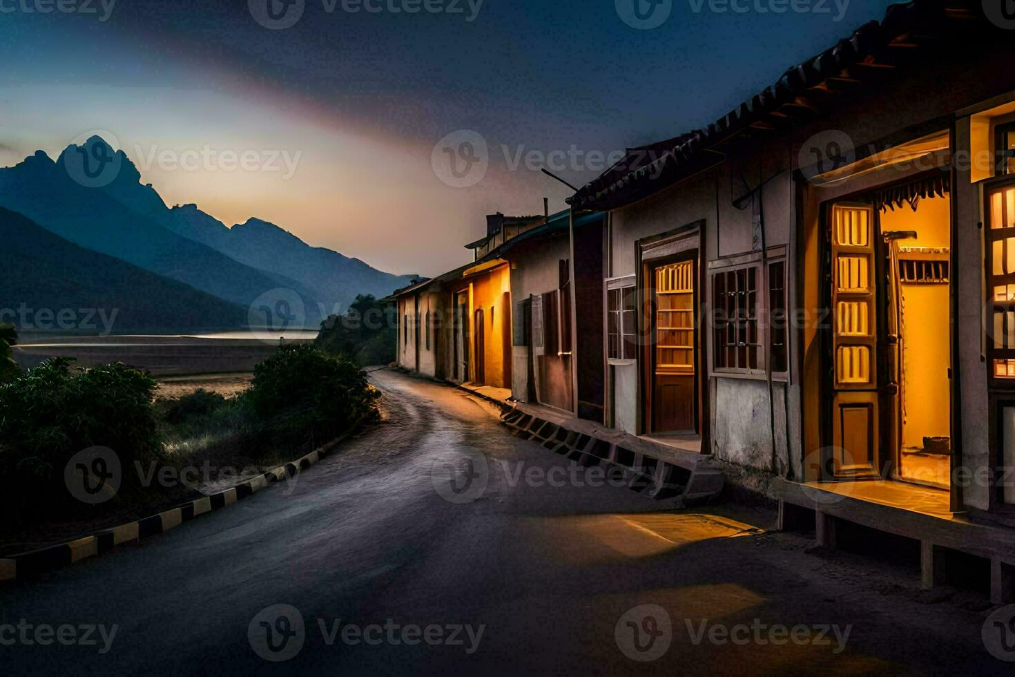 une rue dans le montagnes à crépuscule. généré par ai photo