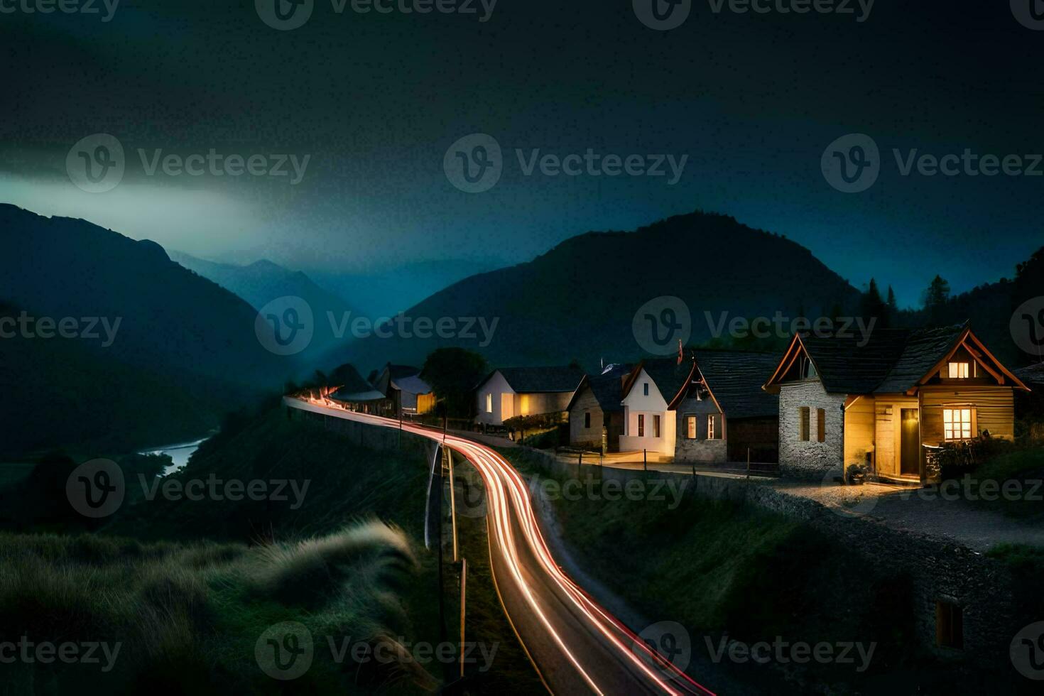 photo fond d'écran le ciel, montagnes, route, Maisons, le sombre, nuit, le route,. généré par ai