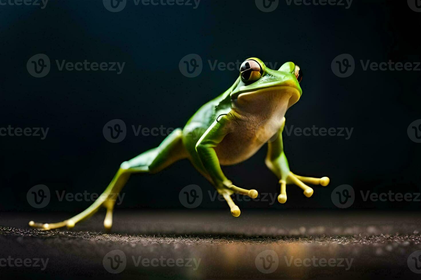 une grenouille sauter sur une foncé Contexte. généré par ai photo